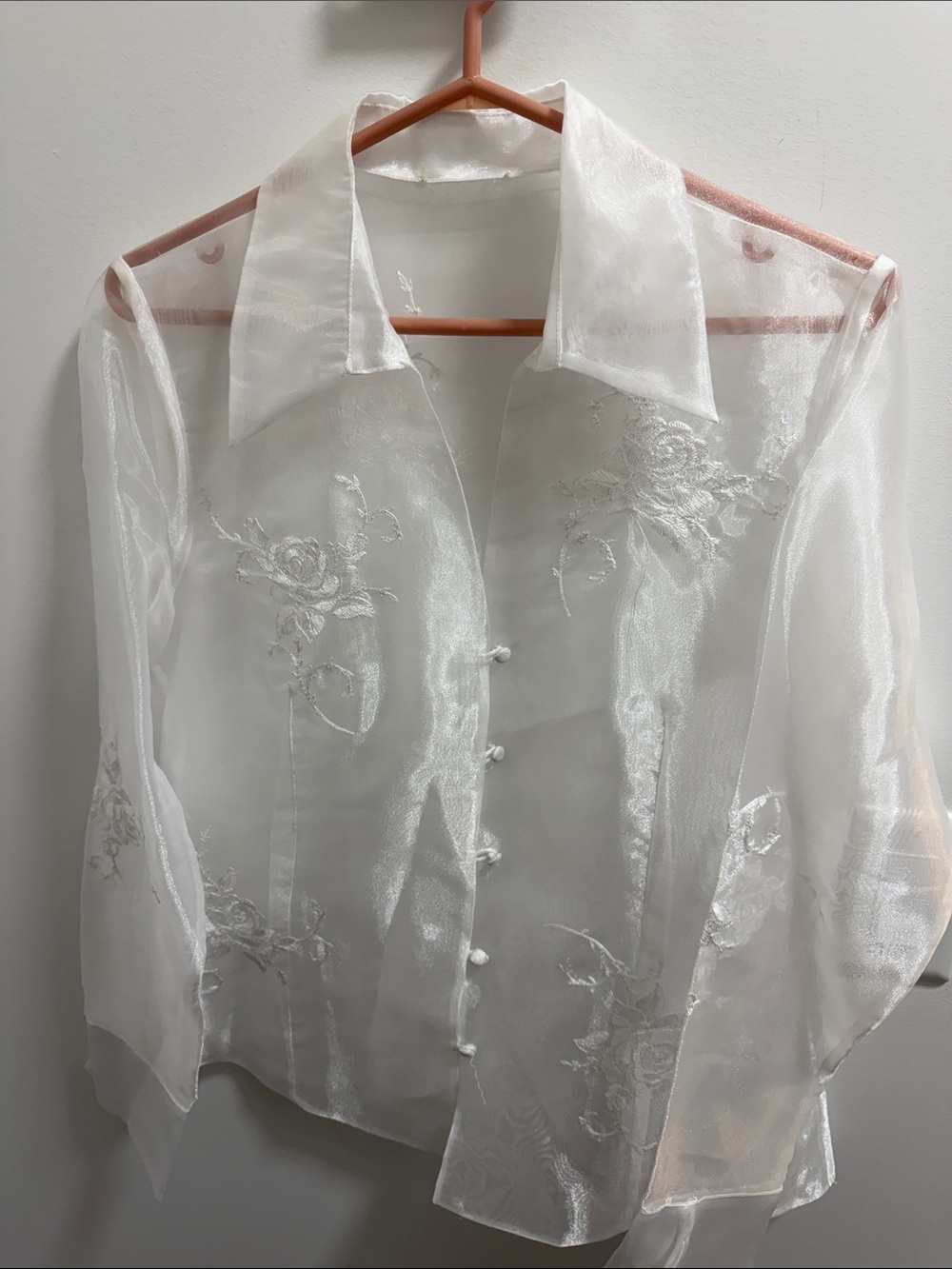 Sheer Floral Embroidered Button-Up Blouse - White
